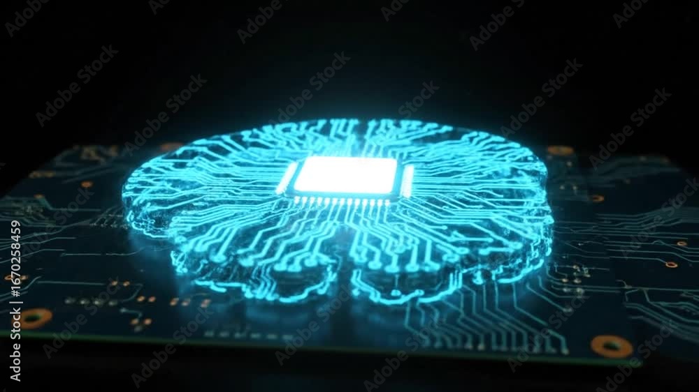 Poster brain shaped glowing blue circuitry on a dark computer board for artificial intelligence
