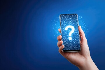 Hand holding a smartphone with a glowing question mark graphic