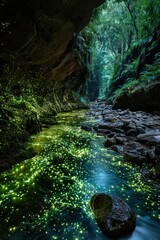 Dark cave opening to a glowing stream
