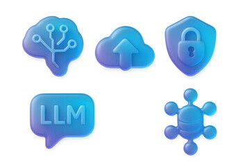 Liquid glass neon AI 3D rendering icon set on transparent background, translucent gel bubble brain circuit, LLM chat bubble, shield lock, cloud GPU and database nodes for UI UX dashboards