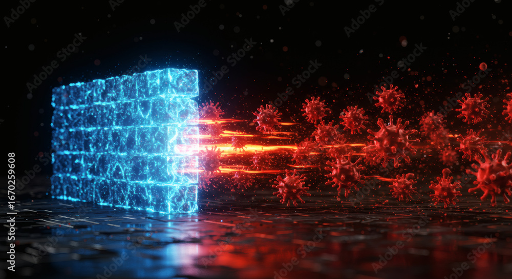Poster dynamic digital shield actively blocking an onslaught of red virus particles, representing resilient