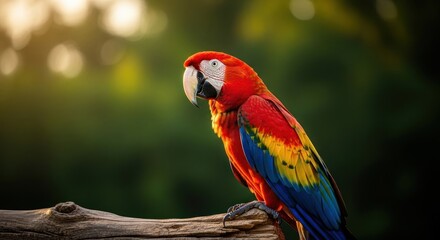 Fototapeta premium A vibrant scarlet macaw perched on a weathered branch, bathed in warm sunlight