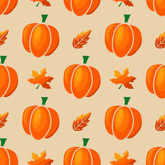 Pumpkins and maple leaves seamless pattern in orange colors. Autumn pattern on a beige background in hand drawn style. Bright vector pattern for textile prints, wrapping papers for fall season.