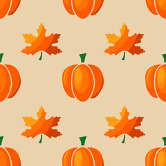 Autumn pattern with pumpkins and maple leaves in orange colors. Fall season seamless pattern on a beige background in hand drawn cartoon style. Vector pattern for textile print, wrapping paper etc.