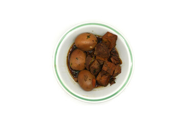 Braised eggs with pork and fried tofu is a popular dish in Thailand.