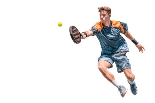 Enthusiastic paddle player in action hitting ball athlete in dynamic serve motion gripping racket sportsperson practicing powerful swing competitive focus sportsmanship energy