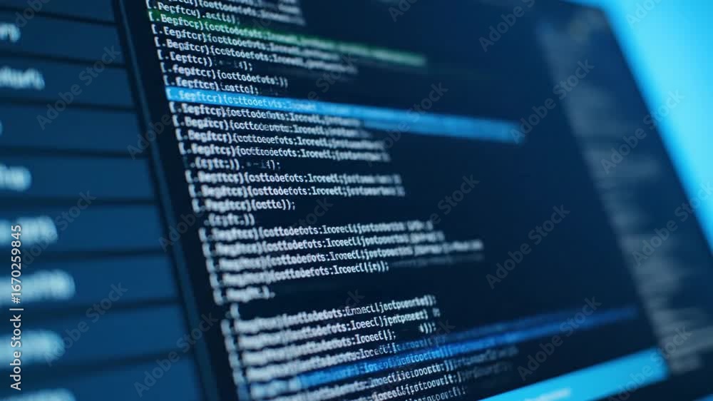 Poster close up of computer screen displaying blue programming code with dark background
