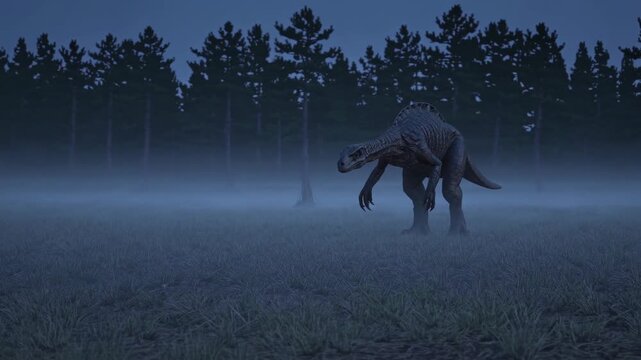 A Majestic Stygimoloch Walks Through a Foggy Forest Landscape at Dusk, Creating a Mysterious and Prehistoric Atmosphere