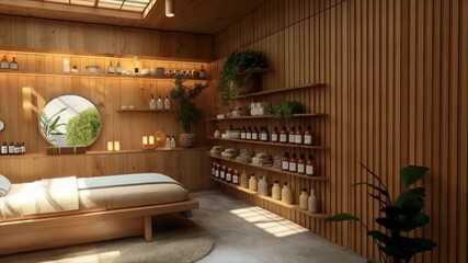 A stylish spa salon with wooden finishes, a massage table, and shelves with cosmetics. Suitable for advertising wellness services, interior design, and natural cosmetics brands.
