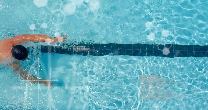 Swimmer stroking under overhead camera with lane marker and tech overlay tracking motion