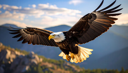 Obraz premium Majestic bald eagle flying through sky symbolizing freedom and power. beautiful bird soaring high above mountain range in its natural wildlife habitat
