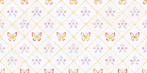 Charming vintage wallpaper pattern with delicate butterflies and floral motifs in pastel colors