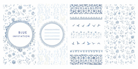 Collection of blue floral patterns and bird motifs for invitations and stationery design
