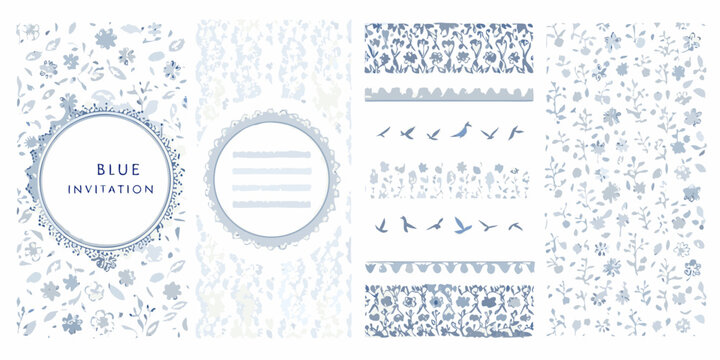 Collection of blue floral patterns and bird motifs for invitations and stationery design