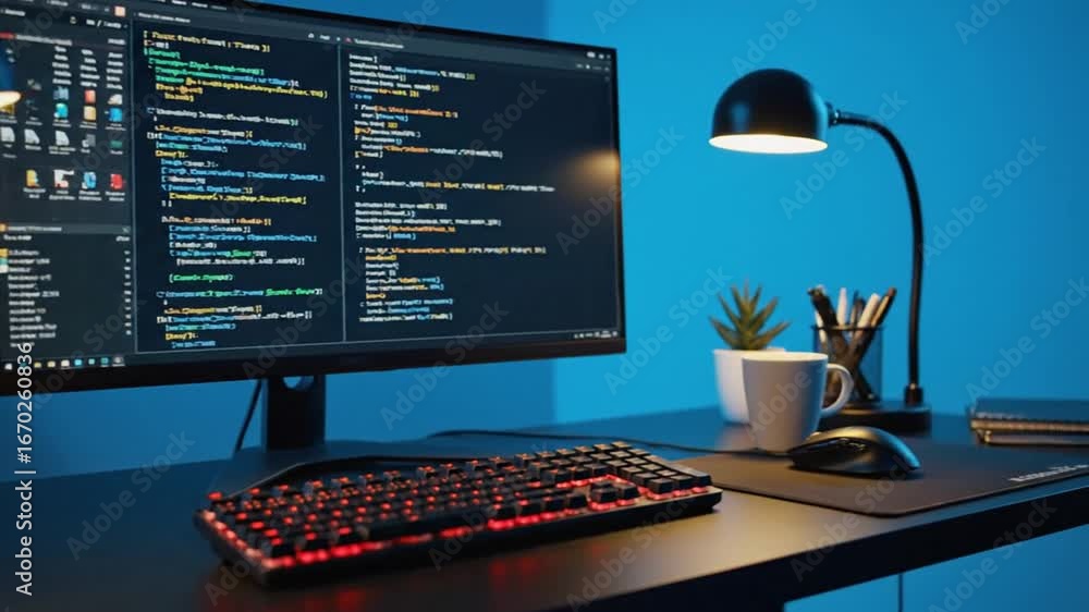 Poster code on computer screen with red keyboard and desk lamp in blue lighting