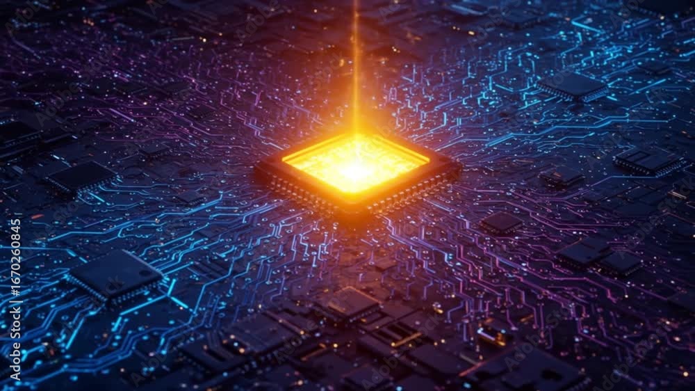 Poster dynamic glowing cpu circuit board pulses with vibrant energy, showcasing digital innovation and adva