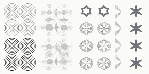 Collection of abstract geometric shapes and patterns in grayscale on a white background