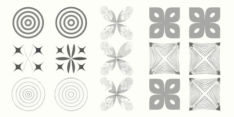 Collection of geometric abstract shapes and patterns on a white background