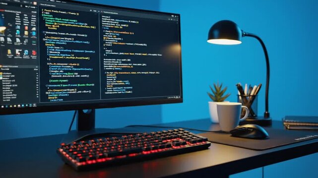 Code on Computer Screen with Red Keyboard and Desk Lamp in Blue Lighting