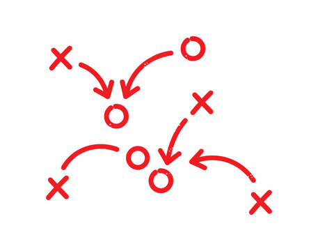 Red Sport Play Diagram, Tactic Scheme Design, Arrows, Xs and Os on White Background, Strategy Vector Illustration.