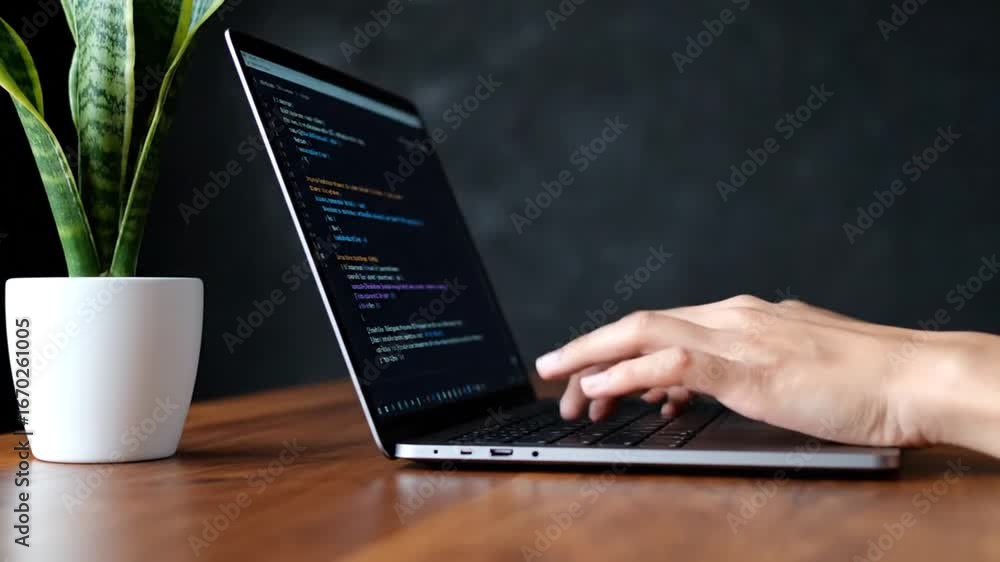 Poster coding on laptop with code and sansevieria plant on wood desk and dark background