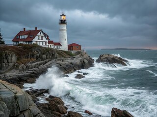 Dramatic lighthouse stands tall against crashing waves and stormy skies
