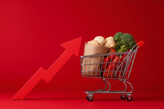 A shopping cart full of vegetables is shown with a red arrow pointing upwards
