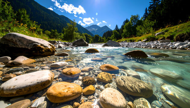 Serene mountain river flowing through summer valley landscape. Clear water runs over stone in beautiful nature forest setting. peaceful and tranquil outdoor scene - Powered by Adobe