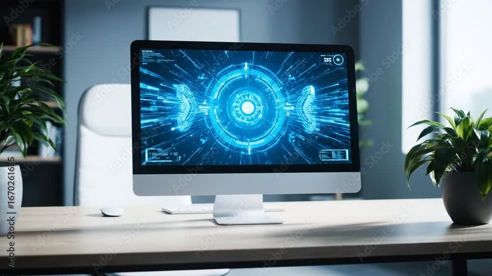Poster desktop computer displaying futuristic cyber graphic interface on wooden desk