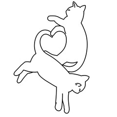 Cartoon cats make heart shape vector line art outline illustration.
