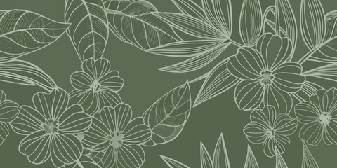 Elegant botanical pattern with delicate line art flowers and leaves on a muted green background