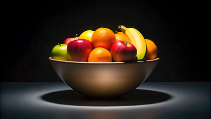 A fresh, colorful bowl of juicy apples, pears, and citrus fruits on a black background