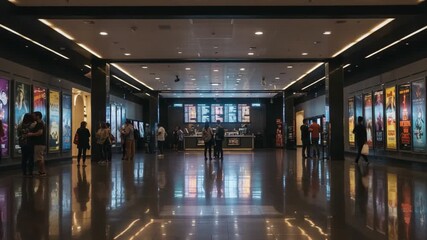 A Vibrant Movie Theater Lobby Filled with Movie Posters and Patrons Interacting Before the Show Starts, Showcasing a Lively Cinematic Experience