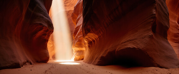 Sunbeam piercing through narrow sandstone canyon creates golden light. The path leads to a bright exit with subtle mist and rock textures.