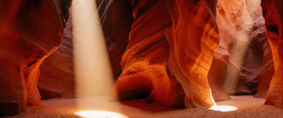 Narrow slot canyon features undulating red sandstone walls glowing orange. A radiant beam of golden sunlight illuminates the path to exit.