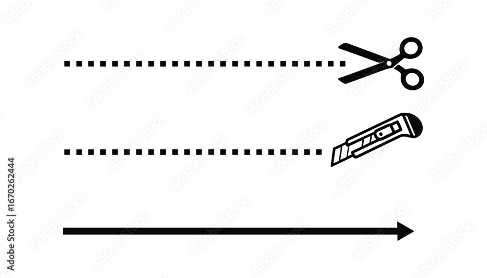 Poster scissors and cutter with dotted lines and arrow design, black and white cutting tools vector illustr