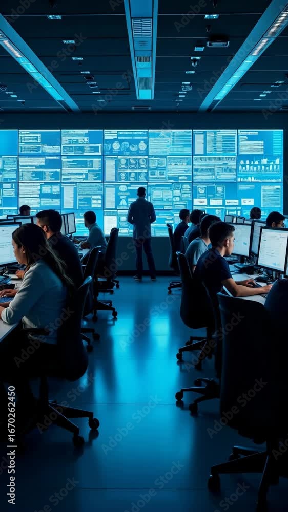 Poster tech team works in modern cybersecurity operations center. many people work on computers. large scre
