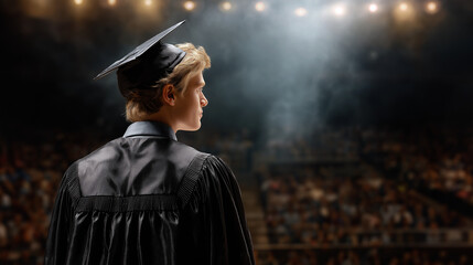 A graduate looks forward, the visionary scene illuminated by gentle light. Graduate, robe, with copy space