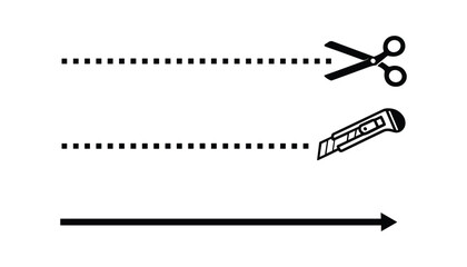 Scissors and Cutter with Dotted Lines and Arrow Design, Black and White Cutting Tools Vector Illustration