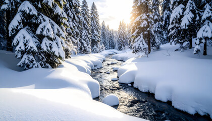 Serene winter landscape with peaceful river flowing through snowy forest. Bright sunlight shines through pine trees creating magical and tranquil atmosphere