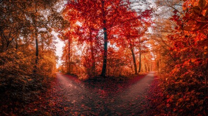 Fototapeta premium Scenic Autumn Forest Pathway Splitting into Two with Vibrant Foliage
