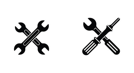 Crossed Wrenches and Screwdriver Icon Set for Repair or Construction
