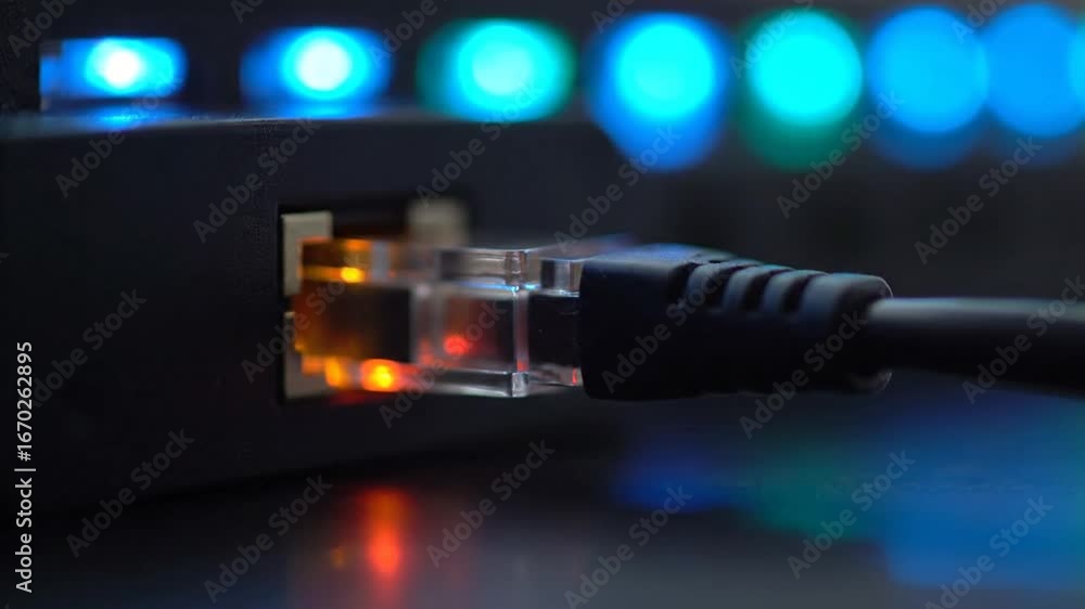 Poster ethernet cable plugging into network router with blue lights in dark background