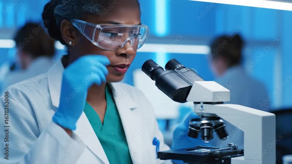 Poster female scientist in lab coat using microscope in blue lit laboratory setting
