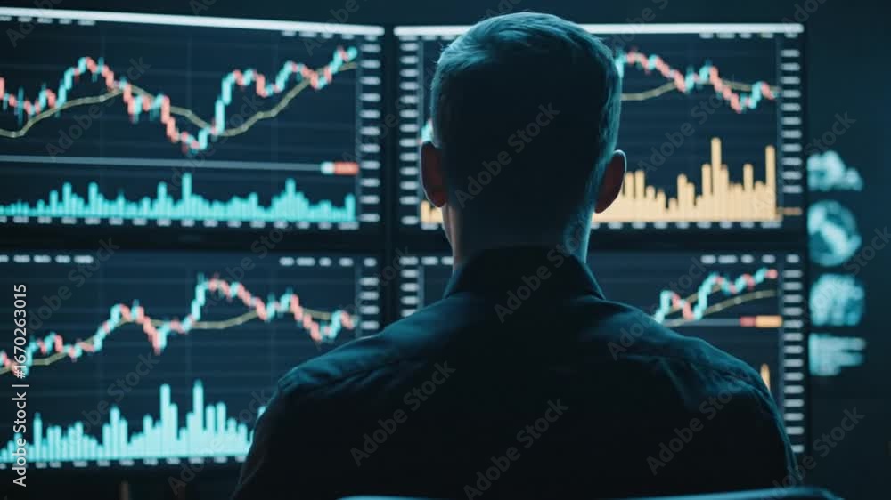 Aufkleber financial analyst reviews stock data charts on multiple computer screens