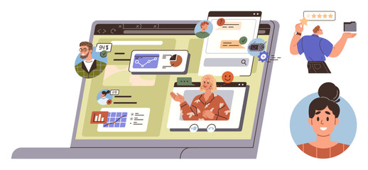 Collaborative video calls, data sharing interfaces, analytics, and feedback icons on a laptop screen. Ideal for teamwork, virtual meetings, remote work, evaluation, networking social media