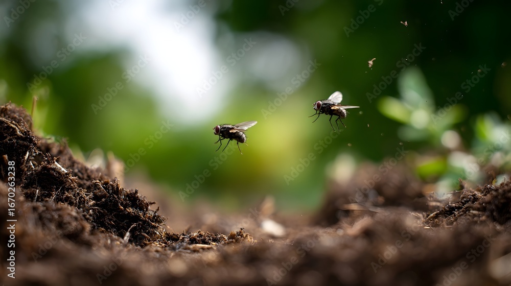 Poster flies hovering over a compost pile part of the natural decomposition process
