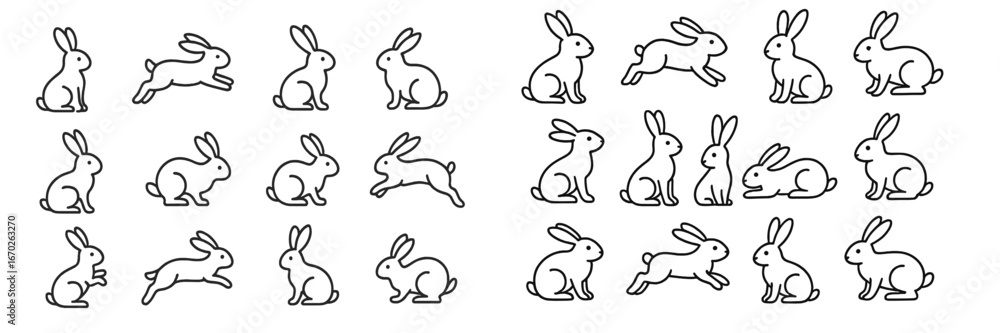 Poster grouping of various rabbit illustrations showcasing multiple poses and activities in a playful style