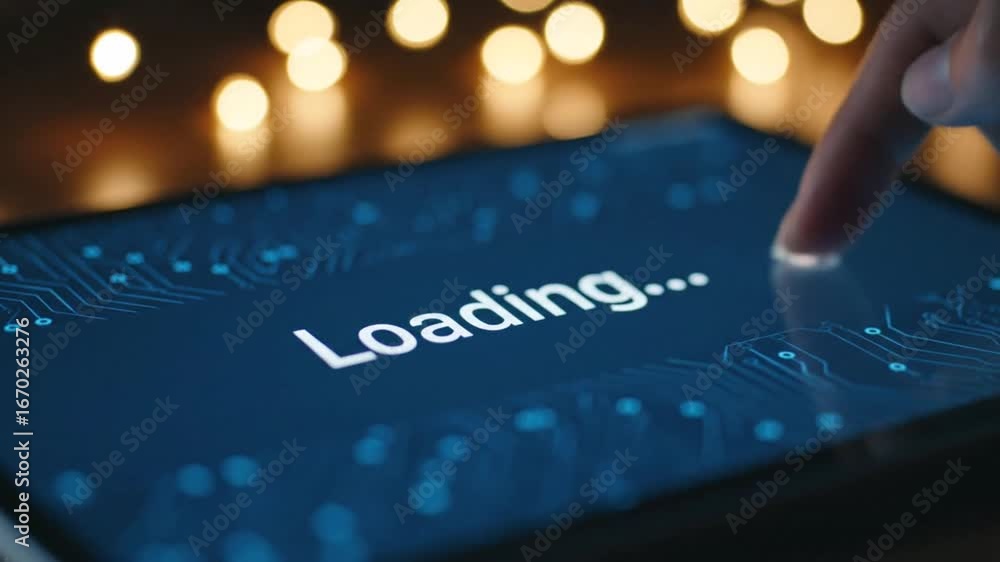 Poster finger tapping loading screen on digital tablet with glowing background and circuit design