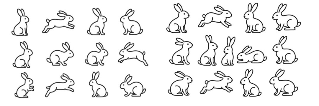 Grouping of various rabbit illustrations showcasing multiple poses and activities in a playful style
